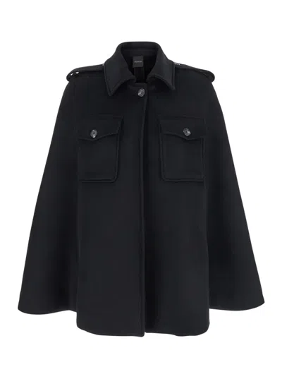 Plain Black Cape With Classic Collar And Front Button Closure In Wool Woman In Blue