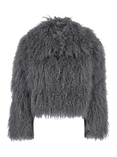 Plain Tibet Fur Short Jacket In Grey