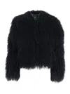Plain Black Cropped Fur Jacket With Concealed Front Closure In Black