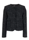 Plain Tweed Multicolor Collarless Jacket In Black