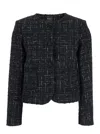 Plain Tweed Multicolor Collarless Jacket In Black