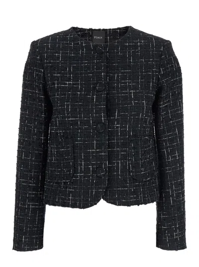 PLAIN BLACK JACKET WITH ROUND NECK AND FRONT BUTTON CLOSURE IN TWEED WOMAN