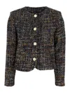 Plain Tweed Multicolor Collarless Jacket In Black