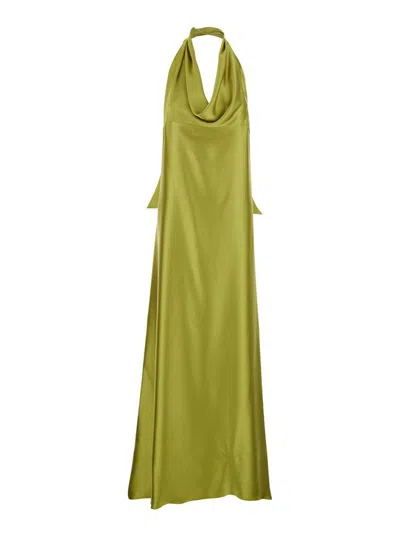 Plain Yellow Long Dress With Knot On The Back In Tech Fabric Woman In Green