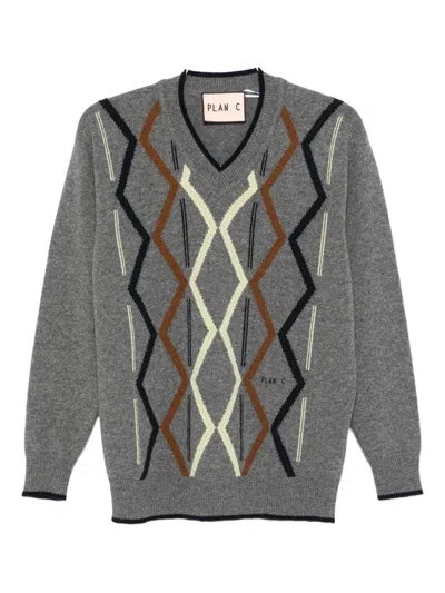 Plan C Argyle-knit Jumper In Gray