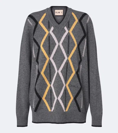 Plan C Argyle Wool And Cashmere Sweater In Gray