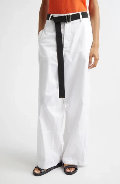 Plan C Belted Cotton Stretch Drill Straight Leg Trousers In White
