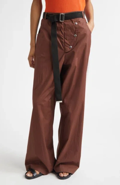Plan C Belted Cotton Wide Leg Trousers In Brown