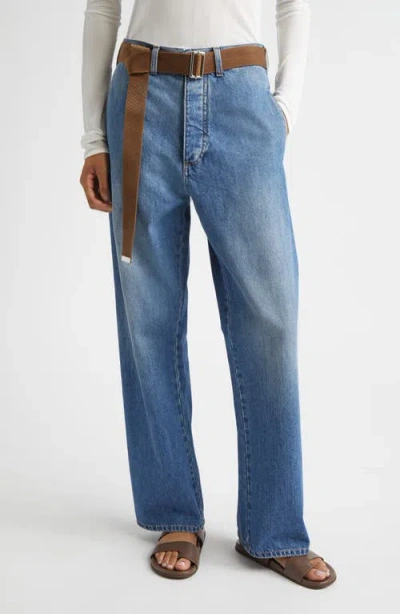 Plan C Belted Denim Straight Leg Trousers In Blue