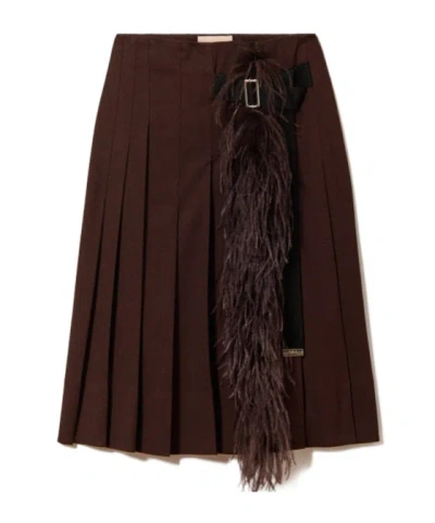 Plan C Brown Melange Pleated Midi Skirt With Feather Insert