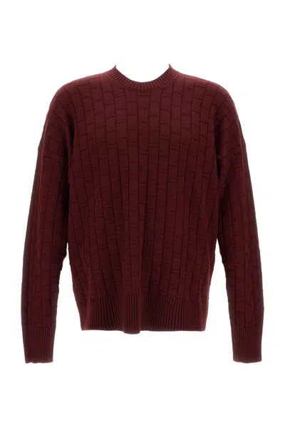 Plan C Checked Burgundy Wool Sweater With Ribbed Crew Neck In Multi