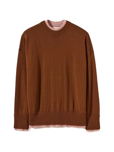 Plan C Contrast-trim Double-layered Sweater In Brown