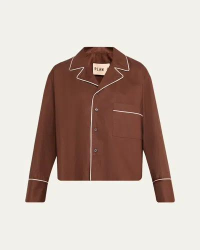 Plan C Cotton Long-sleeve Pajama Shirt In Brown