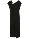 Plan C Pleated Ruffle-trim Asymmetric Midi Dress In Black