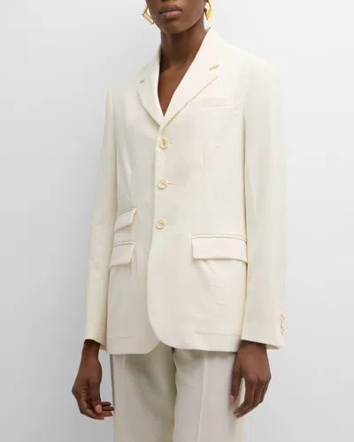 Plan C Double-breasted Crepe Blazer Jacket In Butter