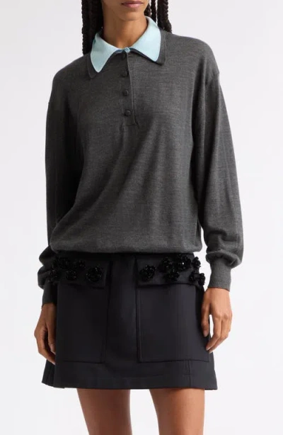 Plan C Double Collar Long Sleeve Merino Wool & Silk Polo In Gray Blue