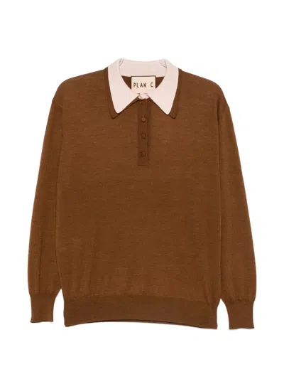 Plan C Double-collar Polo Sweater In Brown