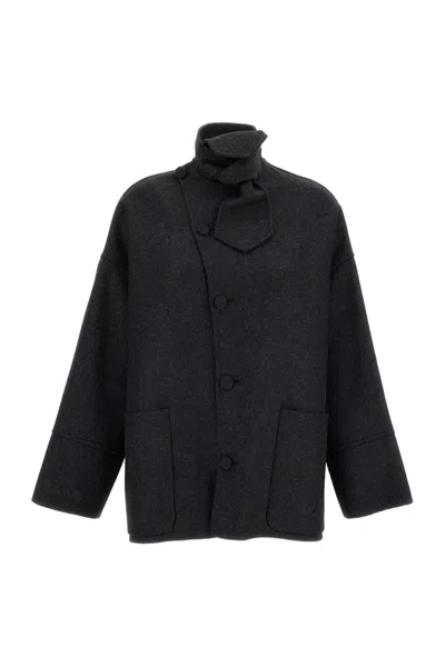 Plan C Double-faced Mélange Wool Jacket With Loop Scarf Detail In Black