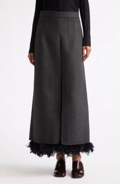 Plan C Feather Trim Wool Blend Maxi Skirt In Black