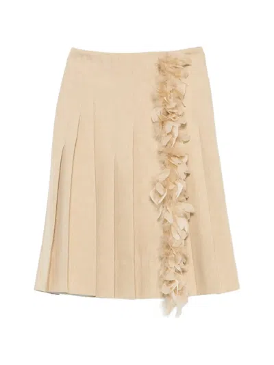 Plan C Feather-trim Pleated Midi Skirt In Neutral