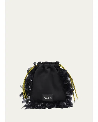 Plan C Fleece & Feather Drawstring Pouch Bag In Black