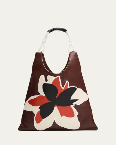 Plan C Floral Applique Leather Shopper Tote Bag In Brown