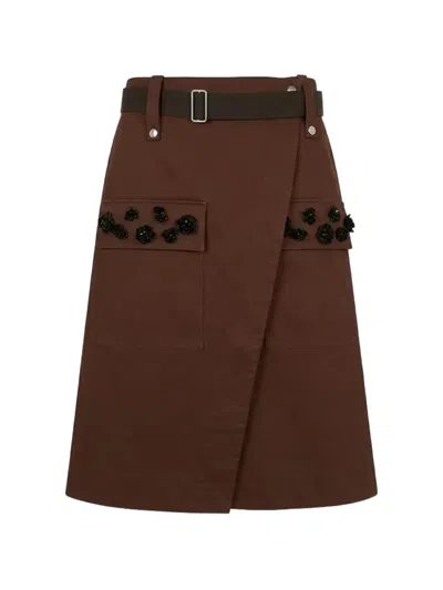 Plan C Floral-embellished Wrap Midi Skirt In Brown