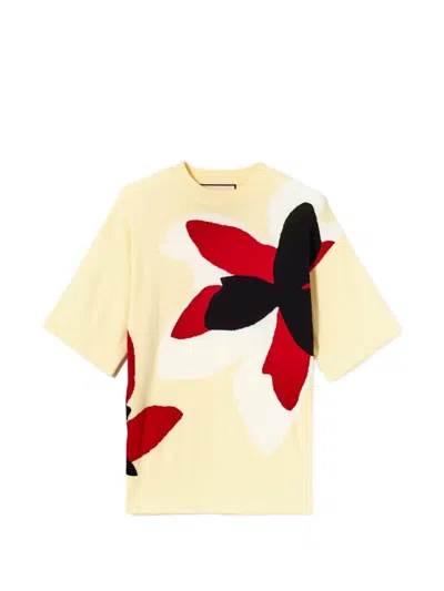 Plan C Flower-intarsia Crew-neck T-shirt In Yellow
