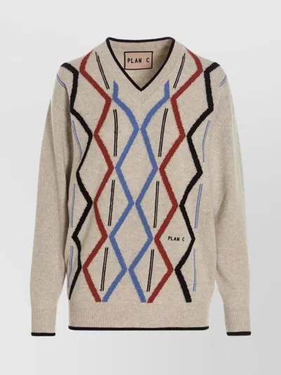 Plan C Geometric Pattern V-neck Knit Sweater In Multi
