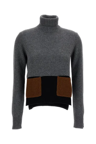Plan C Grey Cashmere-blend Bicolor Turtleneck Sweater In Gray