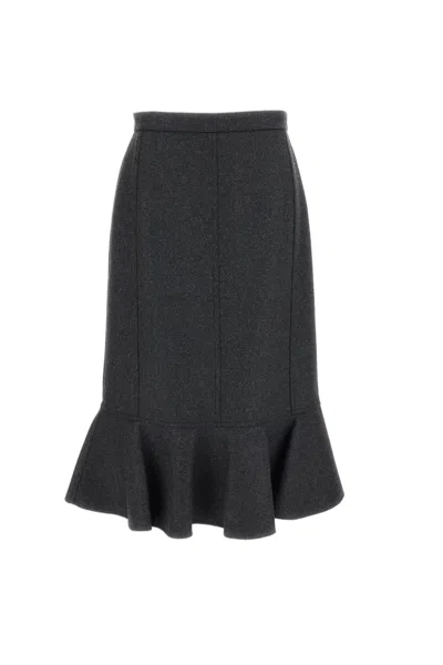 PLAN C GREY DOUBLE WOOL RUFFLED MIDI SKIRT