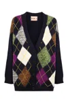 Plan C Argyle Pattern Knit Cardigan With V Neck In Blue