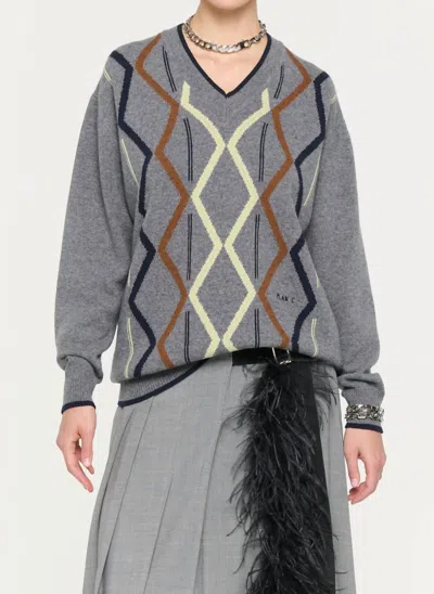 Plan C Long Sleeve Intarsia Crew Neck Knit Sweater In Light Grey In Gray