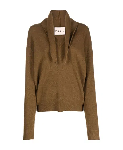 Plan C Long-sleeved Scarf Collar Knitted Shirt In Brown