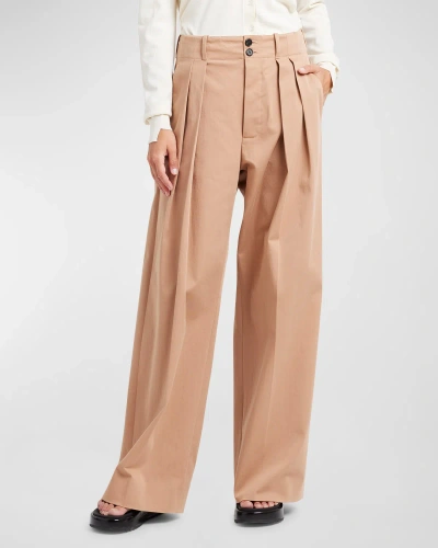 Plan C Mid-rise Double-pleated Straight-leg Trousers In Caramel
