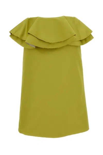 Plan C Midi Duchesse Skirt With Ruffled Waist And Back Slit In Green