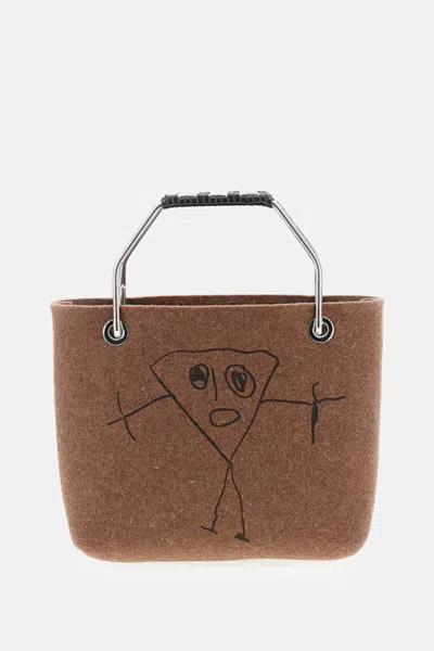 Plan C Mini Shopping Bag In Wool With Metal Handle Pili And White In Brown