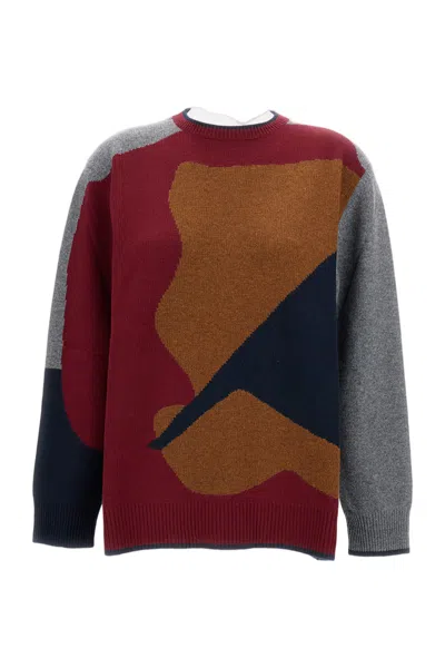 Plan C Multicolor Geometric Pattern Wool Cachemire Crewneck Sweater In Red