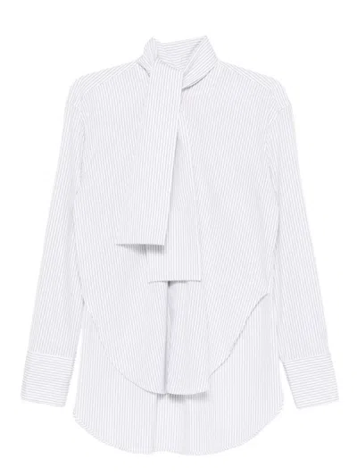 Plan C Pinstriped Tie-neck Shirt In White