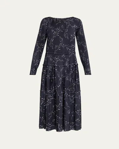 Plan C Pleated Long-sleeve Midi Dress In Dkblue