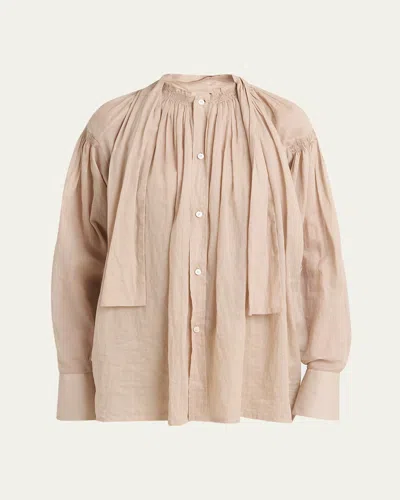 Plan C Pleated Scarf-neck Blouse In Tapioca