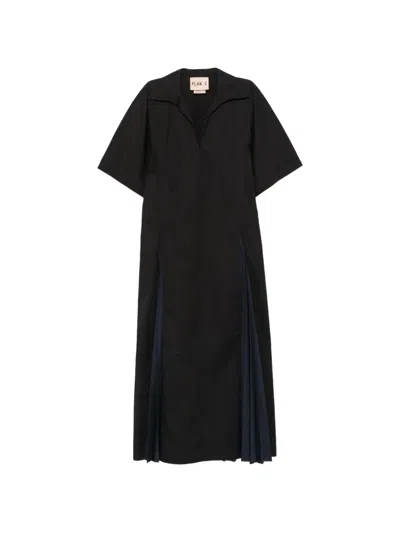 Plan C Pleated-panel V-neck Midi Dress In Black