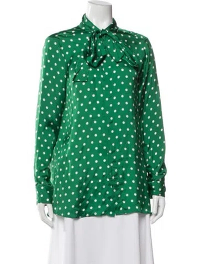 Pre-owned Plan C Polka Dot Print Tie Neck Blouse In Green