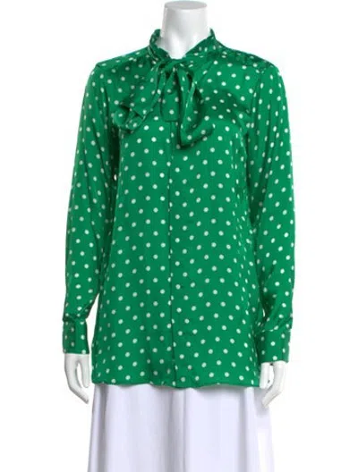 Pre-owned Plan C Polka Dot Print Tie Neck Blouse In Green