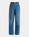 Plan C Relaxed Straight-leg Ankle Denim Trousers With Belt In Indigo