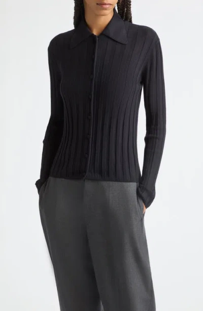 Plan C Rib Extrafine Merino Wool Cardigan In Navy