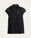 Plan C Scarf-neck Button-down Blouse In Black