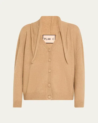 Plan C Scarf V-neck Wool Cardigan In Brown