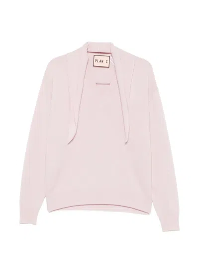 Plan C Scarf-detail V-neck Sweater In Pink