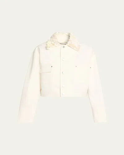 Plan C Sequined Collar Crop Denim Jacket In White
